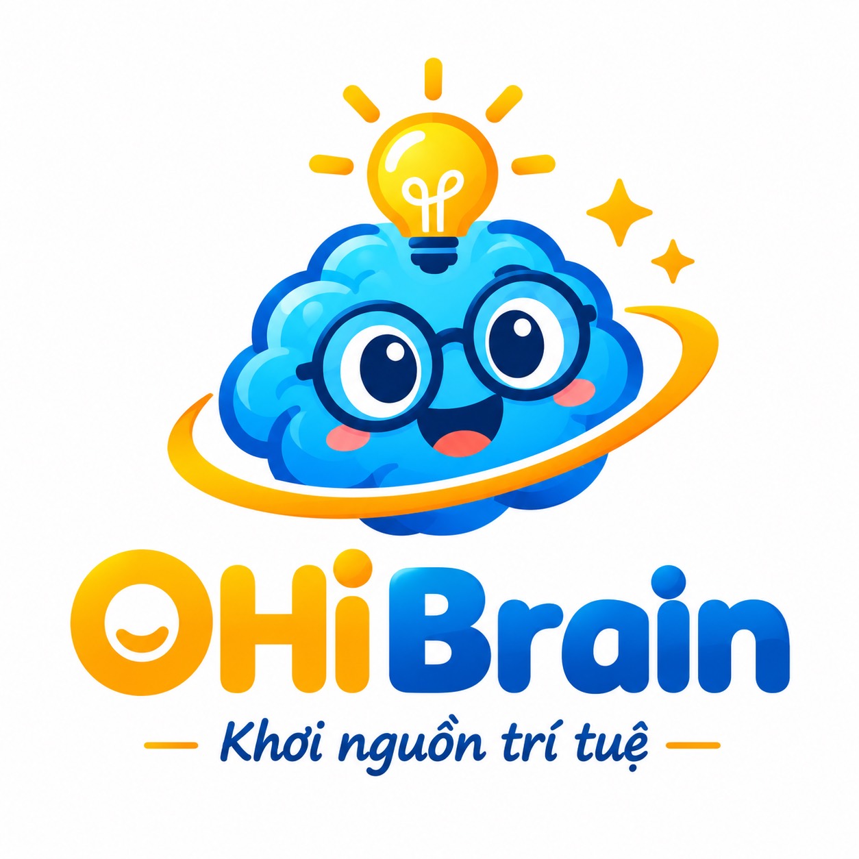 OHiBrain — Khơi nguồn trí tuệ. Linh vật bộ não xanh đeo kính với bóng đèn vàng.